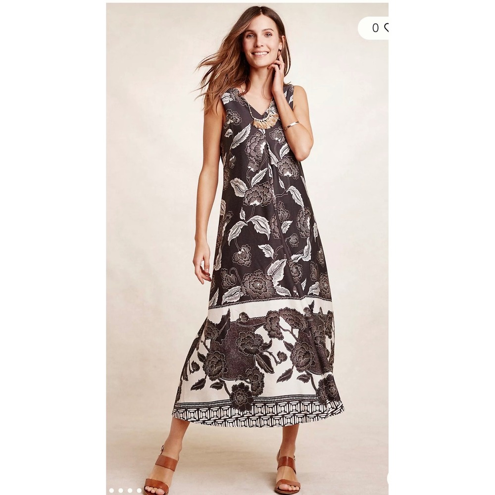Anthropologie Floreat Maxi Dress Womens M Black White Floral Linen Lyocell Boho
